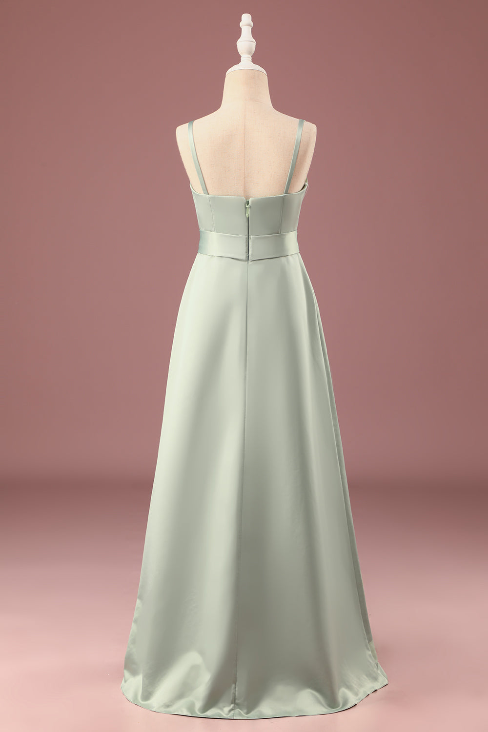 Wedtrend Green Junior Bridesmaid Dress Matcha A-line Spaghetti Straps Long Satin Wedding Party Dress, Matcha / J12