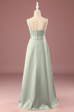 Matcha A-line Spaghetti Straps Long Satin Junior Bridesmaid Dress