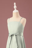 Matcha A-line Spaghetti Straps Long Satin Junior Bridesmaid Dress