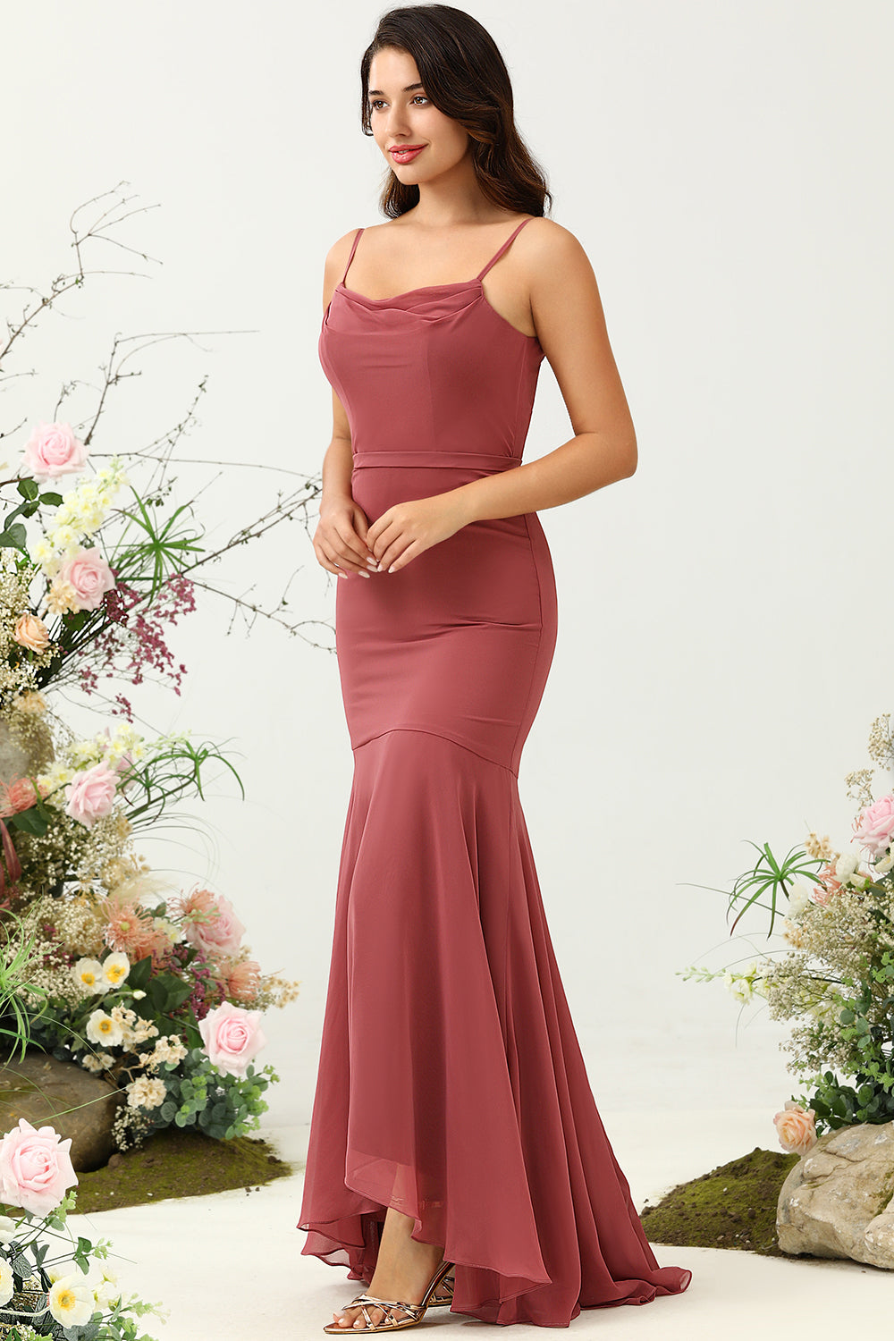 Desert Rose Mermaid Spaghetti Straps Asymmetrical Chiffon Bridesmaid Dress