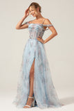 Blue Flower A-Line Spaghetti Straps Corset Long Prom Dress With Slit