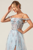 Blue Flower A-Line Spaghetti Straps Corset Long Prom Dress With Slit