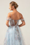 Blue Flower A-Line Spaghetti Straps Corset Long Prom Dress With Slit