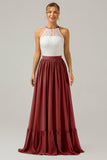 A-Line Halter Pleated Keyhole Chiffon Bridesmaid Dress With Lace