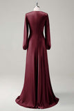 Agave A-Line Round Neck Satin Long Bridesmaid Dress with Long Sleeves