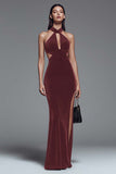 Dark Green Halter Cut Out Mermaid Velvet Formal Dress with Slit