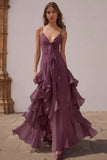 Dusty Blue Spaghetti Straps Chiffon A-Line Ruffled Bridesmaid Dress