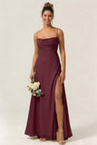 Green Flower A Line Spaghetti Straps Chiffon Long Bridesmaid Dress with Slit