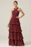 Lilac Halter Keyhole A Line Tiered Ruffle Pleated Bridesmaid Dress