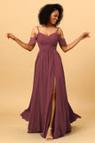 A Line Spaghetti Straps Long Chiffon Bridesmaid Dress With Slit