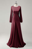 Agave A-Line Round Neck Satin Long Bridesmaid Dress with Long Sleeves