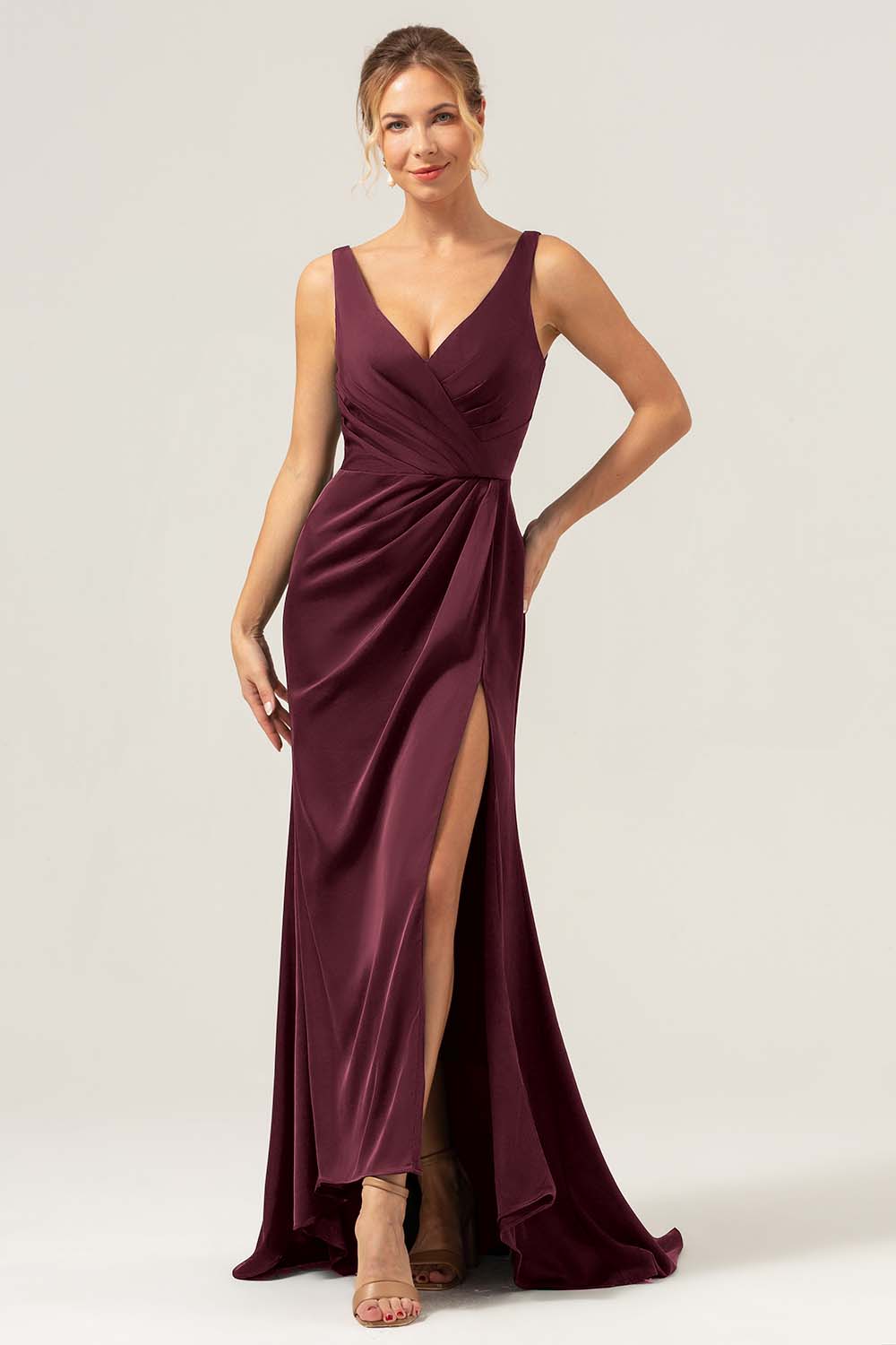 Wedtrend Women Burgundy Bridesmaid Dress with Slit Mermaid V Neck