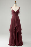 A Line Spaghetti Straps Chiffon Long Bridesmaid Dress with Ruffles