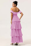 Eucalyptus A-Line Off The Shoulder Tiered Ruched Chiffon Long Bridesmaid Dress