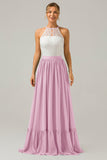 A-Line Halter Pleated Keyhole Chiffon Bridesmaid Dress With Lace