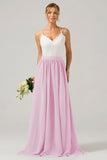 A-Line Spaghetti Straps Pleated Long Bridesmaid Dress With Lace