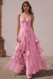 Dusty Blue Spaghetti Straps Chiffon A-Line Ruffled Bridesmaid Dress
