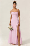 Green Flower A Line Spaghetti Straps Chiffon Long Bridesmaid Dress with Slit