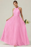 Dusty Sage A Line Halter Pleated Long Bridesmaid Dress