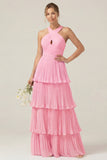 Lilac Halter Keyhole A Line Tiered Ruffle Pleated Bridesmaid Dress
