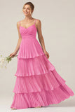 Dark Green A Line Ruched Pleated Spaghetti Straps Tiered Bridesmaid Dress