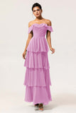 Eucalyptus A-Line Off The Shoulder Tiered Ruched Chiffon Long Bridesmaid Dress