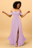 A Line Spaghetti Straps Long Chiffon Bridesmaid Dress With Slit