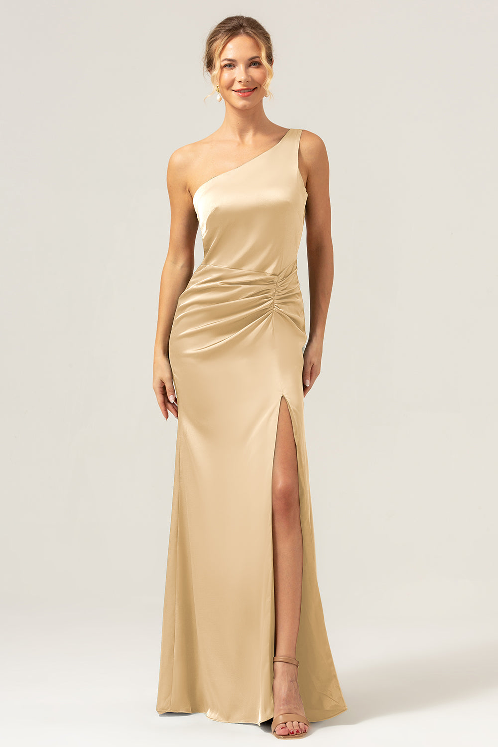Wedtrend Women Dark Green Bridesmaid Dress with Slit Mermaid One Shoulder Pleated Backless Wedding Guest Dress, Champagne / US4 Wedtrend Women Dark Green Bridesmaid Dress with Slit Mermaid One Shoulder Pleated Backless Wedding Guest Dress, Champagne / US4