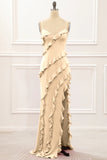 Spaghetti Straps Jade Tiered Mermaid Bridesmaid Dress With Slit