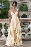 Pine A Line Spaghetti Straps Chiffon Long Asymmetrical Bridesmaid Dress with Ruffles