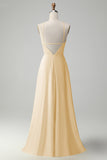 Stylish Yellow A Line Halter Pleated Long Bridesmaid Dress with Flower
