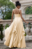 Pine A Line Spaghetti Straps Chiffon Long Asymmetrical Bridesmaid Dress with Ruffles