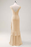 Dusty Sage Sheath V Neck Open Back Chiffon Long Bridesmaid Dress with Ruffles