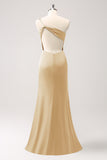 Elegant Mermaid One Shoulder Pleated Backless Bridesmaid Dress with Slit