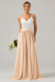 A-Line Spaghetti Straps Pleated Long Bridesmaid Dress With Lace