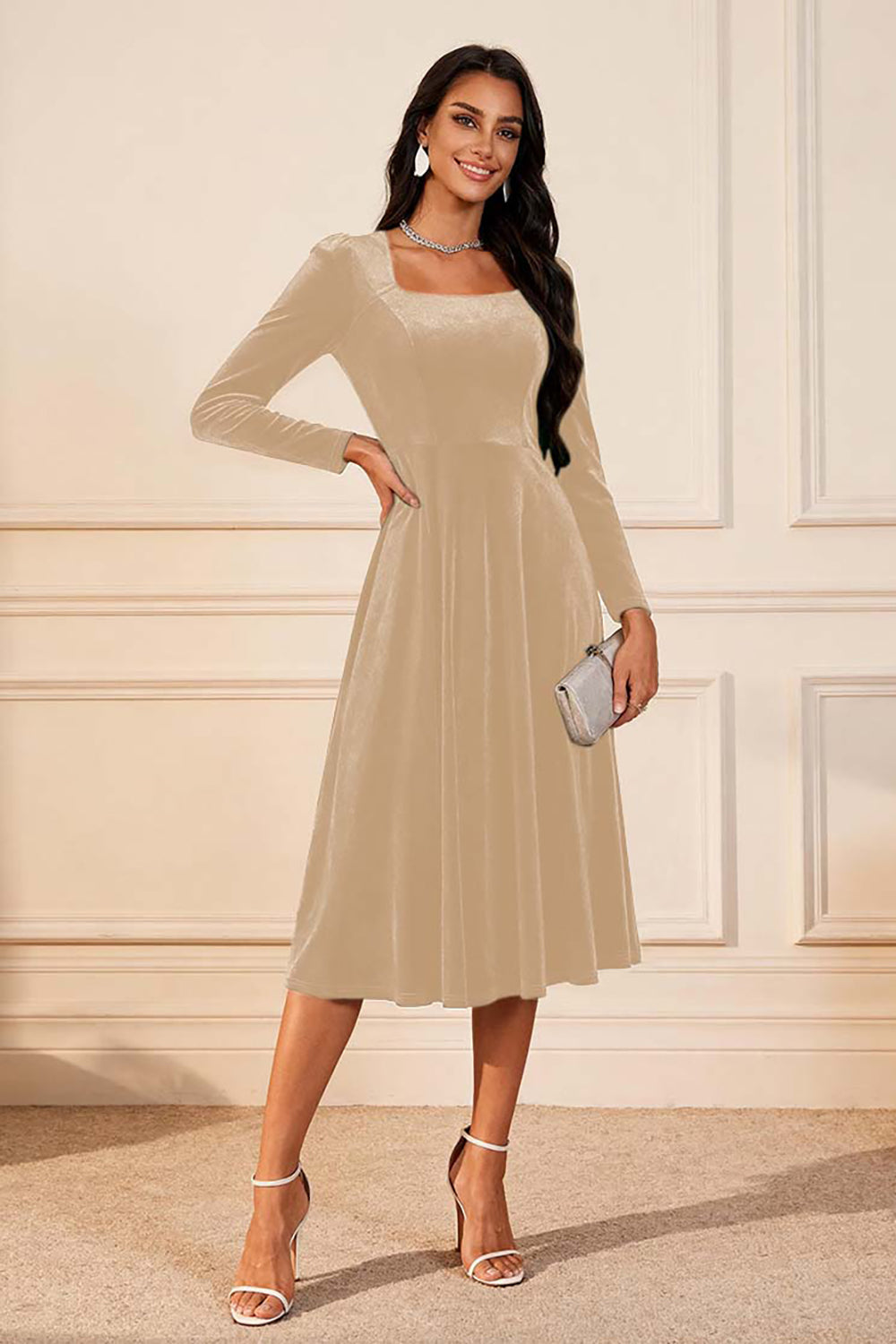 WEDTREND Women Dark Green Holiday Party Dress A Line Velvet Square Neck Formal Dress with Long Sleeves WEDTREND Women Dark Green Holiday Party Dress A Line Velvet Square Neck Formal Dress with Long Sleeves