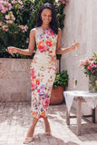 Black Floral Bateau Neck Ruched Midi Wedding Guest Dress