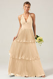 Dusty Rose A-Line Halter Tiered Floor Length Chiffon Long Bridesmaid Dress