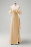 Light Green Sheath Off The Shoulder Chiffon Long Bridesmaid Dress with Ruffle Slit