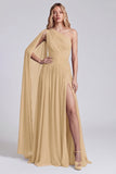 One Shoulder Burgundy A Line Formal Dress with Slit