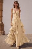 Dusty Blue Spaghetti Straps Chiffon A-Line Ruffled Bridesmaid Dress