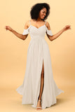 A Line Spaghetti Straps Long Chiffon Bridesmaid Dress With Slit