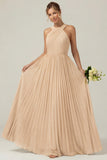 Dusty Sage A Line Halter Pleated Long Bridesmaid Dress
