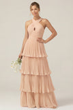 Lilac Halter Keyhole A Line Tiered Ruffle Pleated Bridesmaid Dress