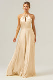 A Line Halter Ruched Satin Open Back Long Bridesmaid Dress with Flower