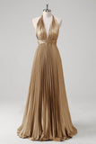 Royal Blue A-Line Halter Pleated Open Back Long Bridesmaid Dress