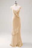 Dusty Sage Sheath V Neck Open Back Chiffon Long Bridesmaid Dress with Ruffles