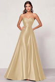 Black Strapless Satin Ruched A Line Long Formal Dress