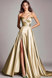 Strapless Satin A Line Long Formal Dress With Slit