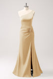 Elegant Mermaid One Shoulder Pleated Backless Bridesmaid Dress with Slit